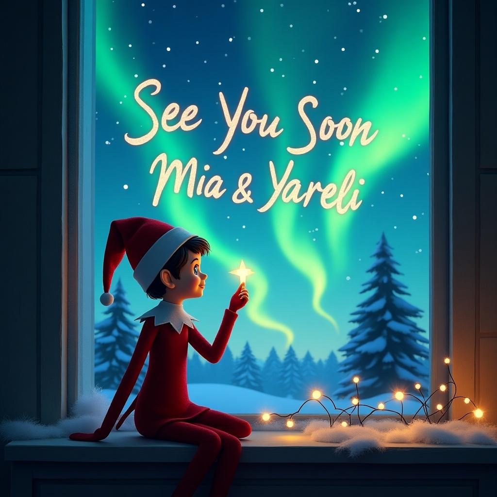 The image features a charming elf on the shelf sitting by a window. The elf is writing 'See You Soon Mia & Yareli' in the sky. Outside, the northern lights create a captivating backdrop. The interior is cozy, decorated with white snow and fairy lights. The overall scene evokes a warm and festive atmosphere, ideal for the holiday season.