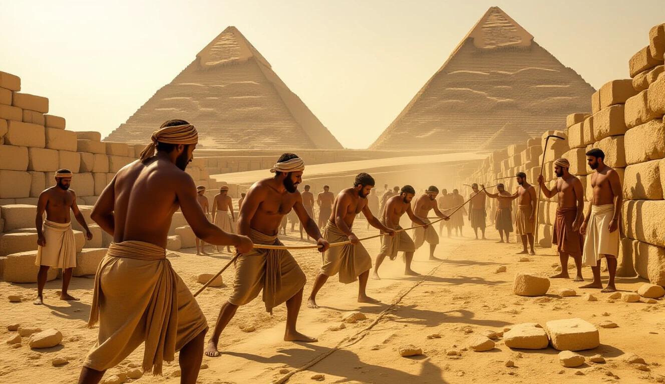 Scenes of ancient Egyptian construction with laborers under the sun. Men in basic clothing carrying heavy stones. Workers pulling ropes with intensity. Egyptian guards monitoring the site with whips. Pyramids prominently in the background. Dusty and oppressive atmosphere in warm tones. Vertical composition. 