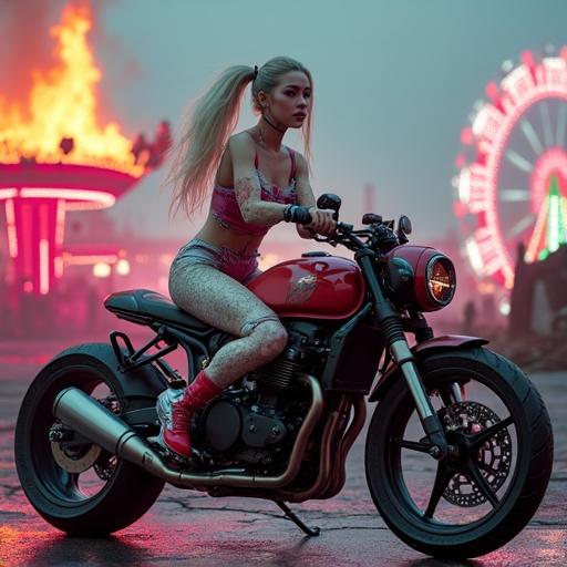 A Korean woman in her twenties as a Giant Plastic Woman sits backwards on a futuristic motorcycle. She has cracked porcelain skin, mismatched limbs, and neon-stitched plastic. Wearing bacburned leather and glitter fabric, her makeup resembles Harley Quinn. Bright wild pigtails sway as she swings a baseball bat. In the background is a ruined neon amusement park with a burning Ferris wheel. Hyper-detailed and dramatic appearance.
