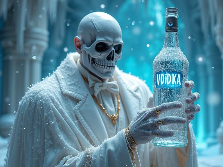 Undead emperor holding a vodka bottle in an ice castle. Elegant tuxedo in white and gold with icy rings. Bottle features 'VODKA' in blue letters. Atmosphere filled with turquoise and blue snowflakes.