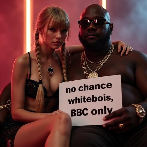 A blonde woman with long pigtails in a short cutout club dress is sitting next to a large black man. The man embraces her while holding a sign that reads 'no chance whitebois, BBC only.' The setting features neon lights and a nightclub atmosphere.