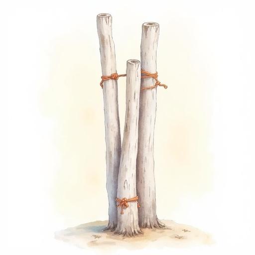 Watercolor illustration of three old wooden logs tied together with orange ropes. The logs are of varying heights and have a whitish color. The background is blank and light. The focus is on the logs and ropes at both the top and bottom.