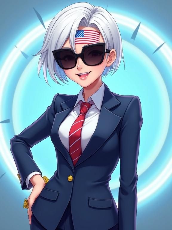 Anime-style personification of the USA in a business suit. Character has American flag face patterns. Bright platinum hair and big sunglasses. Confident pose with yellow measuring tape. Background features soft blue gradients. Modern aesthetic with polished rendering and vibrant colors.