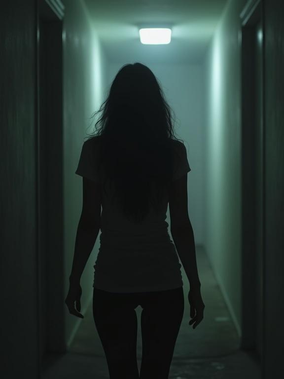 A silhouetted woman backs away in terror down a dim corridor. The environment is shadowy with an ominous light in the background.
