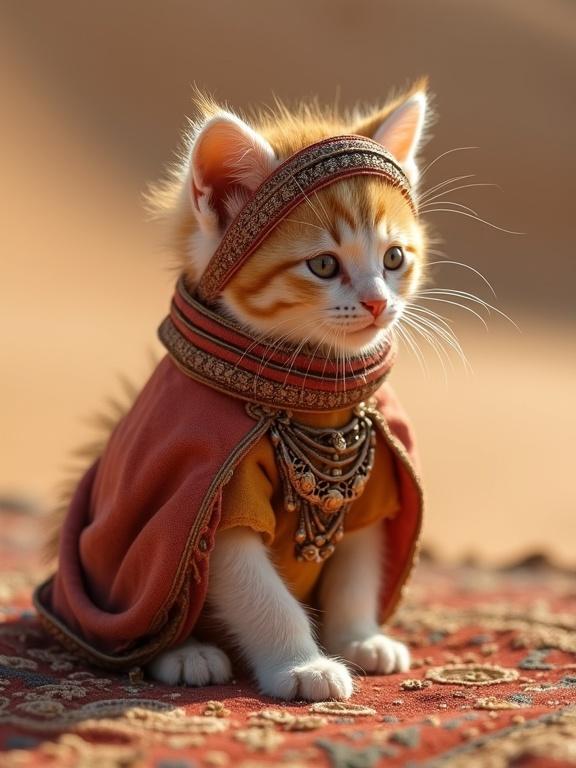 A kitten wearing traditional Arabic clothing sits on a patterned carpet in a desert setting. The kitten is fluffy with distinctive orange stripes. The outfit is ornate and colorful, reflecting cultural attire. The scene is warm and inviting, capturing a moment of cuteness.