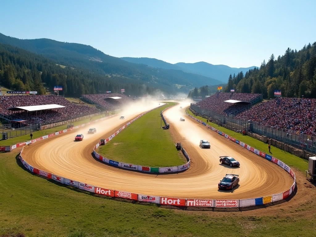 The image depicts a vibrant dirt oval race track filled with action. Spectators fill the stands, cheering as cars race around the track. Dust trails behind the speeding vehicles, adding excitement to the scene. Surrounding hills create a picturesque backdrop, enhancing the outdoor racing atmosphere. It's a sunny day, perfect for a thrilling motorsport event.