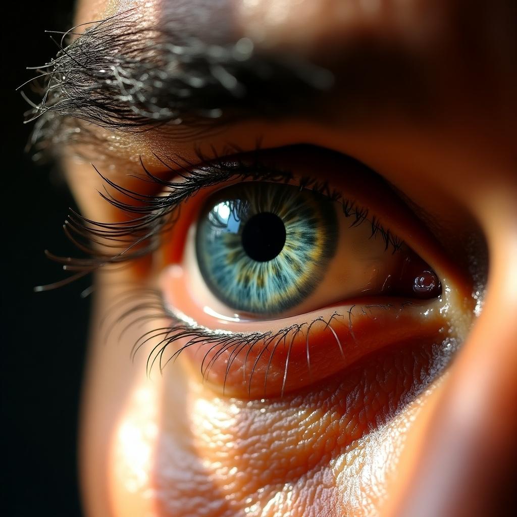 Close-up of a human eye. The eye shows intricate details with blue and green colors. Sunlight highlights textures. Shadows delicately across the skin. Focus on iris and pupil. Evokes spirituality and contemplation. Inspiring themes of insight and enlightenment.