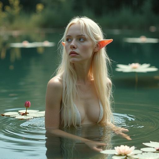A blonde woman with pointed ears and blue eyes sits in a still lake. She has delicate elvish features. Long blonde hair cascades down her shoulders. The lake is surrounded by reeds and water lilies. The water is clear. The surface reflects trees and sky. Small ripples are in the water. Use of 35mm film photography with natural lighting and soft focus.