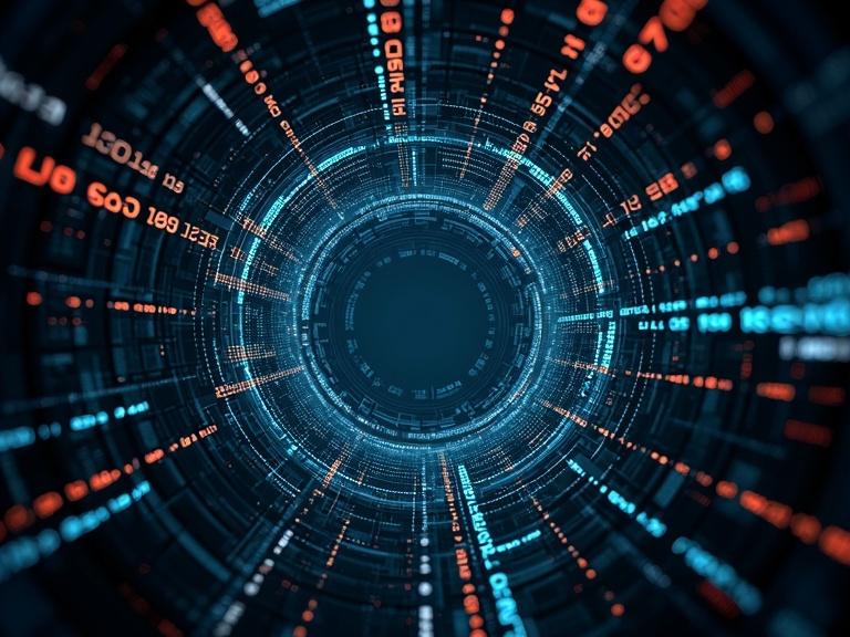 A cyberpunk data tunnel visualizes numbers and symbols streaming in a circular formation.