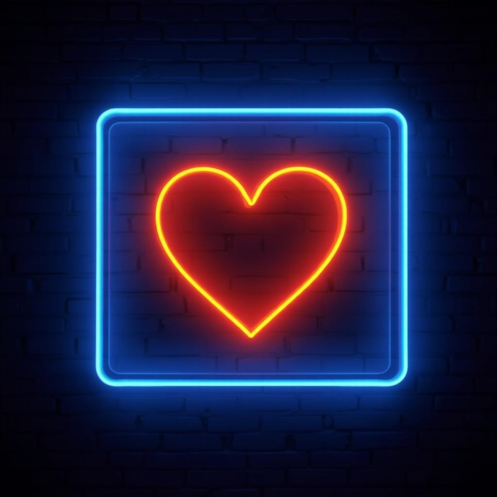 Neon sign featuring a blue and orange heart shape. Illuminated against a dark wall backdrop.