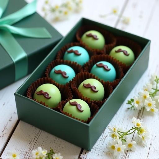 Open rectangular dark green gift box filled with round chocolate or truffle-like confections. Nine confections neatly arranged in rows. Vibrant light green and bright turquoise blue colors. Whimsical small chocolate mustaches decorate many confections. Delicate white flowers with yellow centers scattered around. Rustic white wooden surface enhances aesthetic. Bright and even lighting highlights colors.