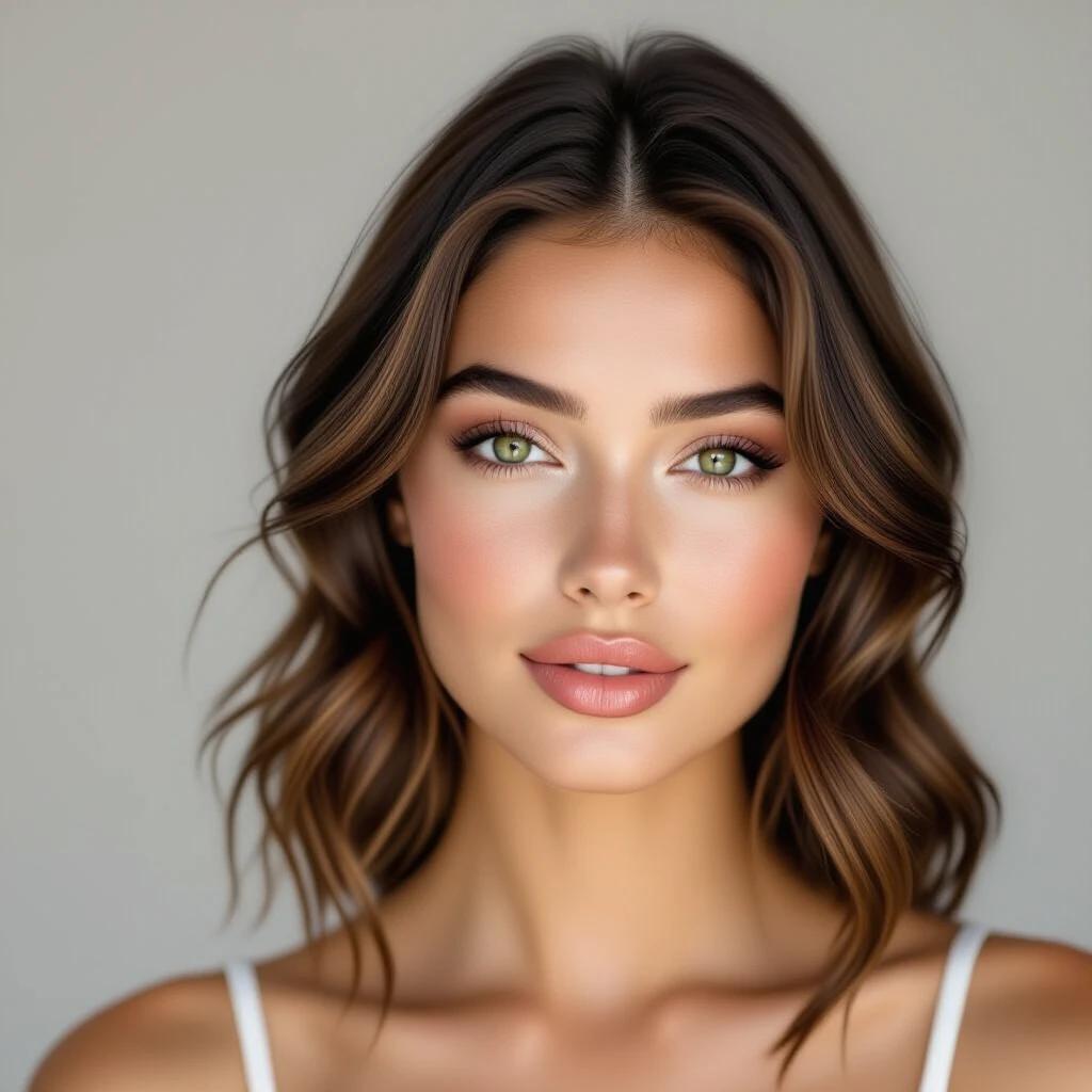 Elegant portrait of a young woman with olive porcelain skin and chestnut hair. A 20-year-old woman with olive porcelain skin and dark green eyes. Hair is sleek long bob with chestnut and caramel balayage. Makeup is soft and neutral.