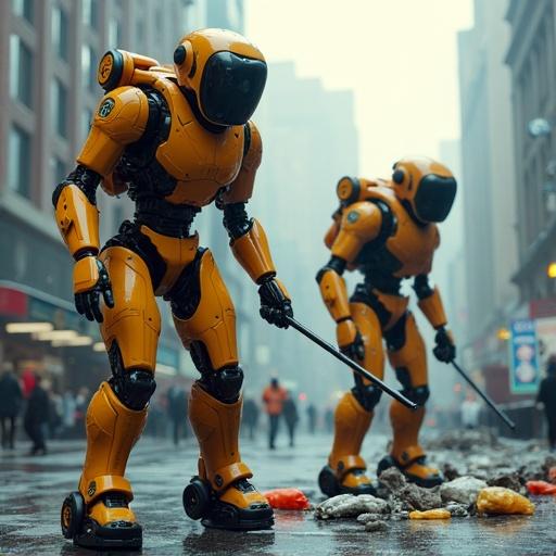 Futuristic robots collect trash on a city street. Robots are primarily yellow. Background features a busy city landscape with people and urban elements. Weather is foggy and atmosphere is gripping.