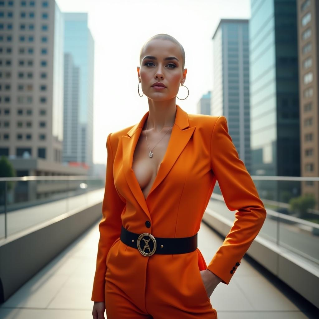 Bald woman wearing an orange suit in an urban setting. City buildings in the background. Professional outfit with a belt. Bright lighting enhances the scene.