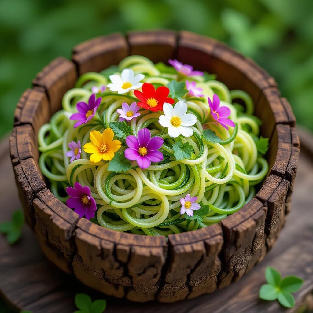 Bowl filled with tangled green vines resembling noodles with colorful flowers on top. Rustic, carved tree stump as the bowl highlighting botanical art style.