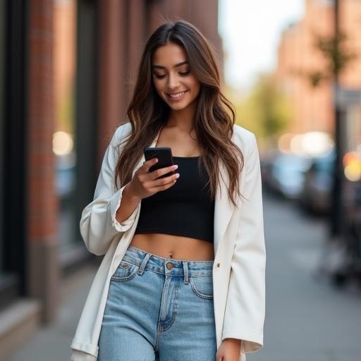 Vibrant street-style photograph of a young female influencer smiling at her smartphone. Wearing light-wash high-waisted jeans and a fitted black crop top with an oversized white blazer. Long wavy brunette hair flowing naturally. Blurred city background of brick buildings and bustling sidewalks with bokeh effect. Subtle reflection of 'Urban Vibes' on a nearby window. Warm sunlight creating a stylish aesthetic.