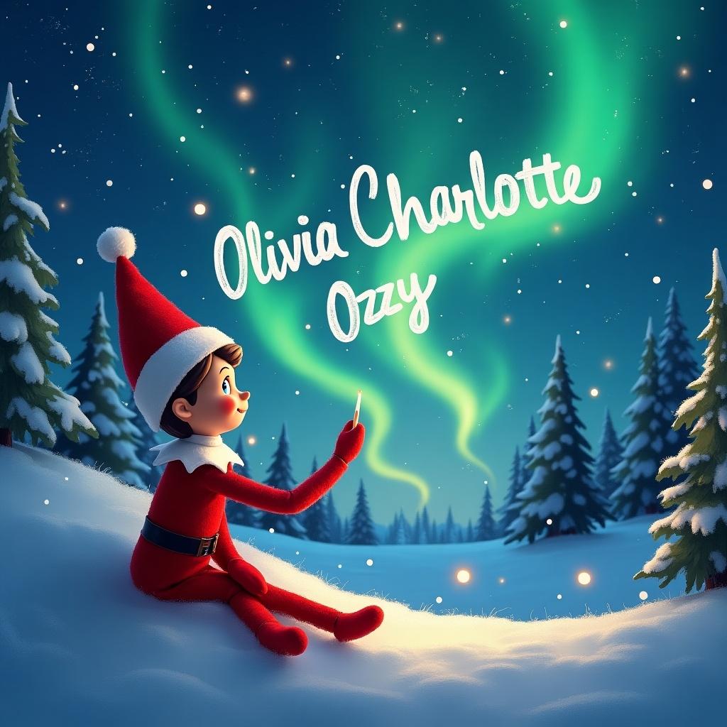 The image depicts an elf sitting in the snow, engaged in writing something special. Above the elf, colorful northern lights dance across the sky. The elf is holding a pen, and the names 'Olivia Charlotte Ozzy' appear artistically in the clouds. The background features evergreen trees dusted with snow, enhancing the wintery feel. The overall atmosphere is magical and festive, perfect for capturing the spirit of Christmas.