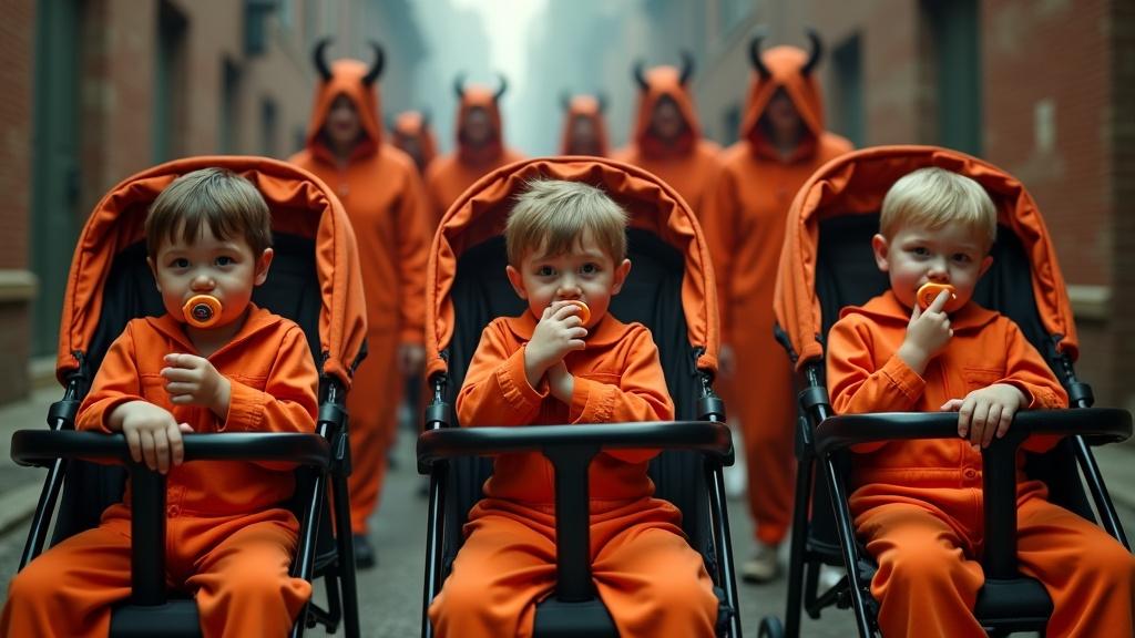 Scene depicts children in bright orange jail jumpsuits seated in strollers. Each child has a pacifier and shows pride in it. They have smug expressions. Mothers in demon outfits push strollers towards a devil figure. The environment reflects a hellish theme with fog and shadows. Emphasis on emotions and peculiarity of scenario.