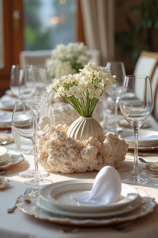 An elegant dining table is set with a floral centerpiece. The table features decorative plates, glasses, and a coral arrangement. Soft natural light creates a warm atmosphere.