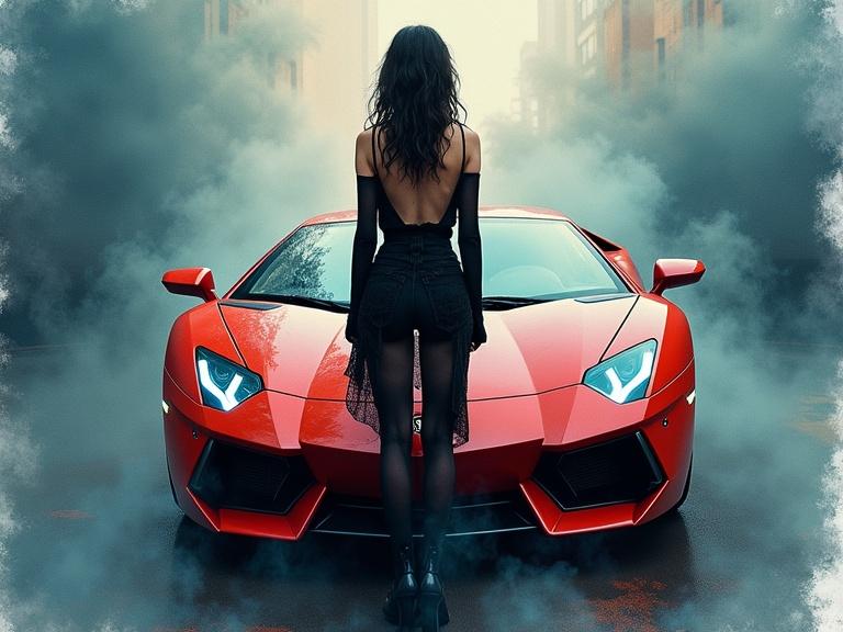 Fusion of whiskey-splatter watercolor and surrealism. Young woman stands facing viewer. Stylish pin-up girl in front of a red Lamborghini. Atmospheric effects with smoky gradients and color fields. Artistic fluid movement enhances depth and subject.