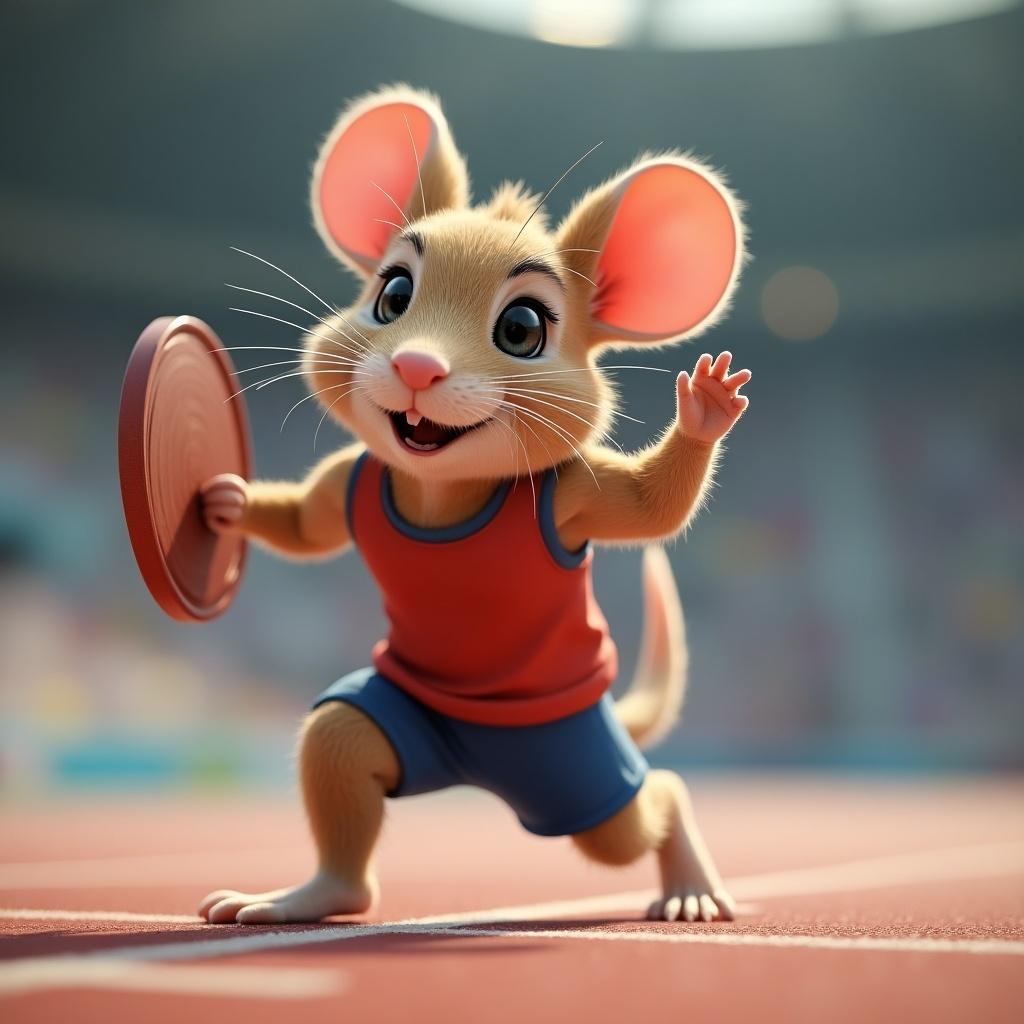 Cute anthropomorphic mouse throwing discus in athletic competition. Dressed in athletic gear. Preparing for race. Ultra realistic style. 8k resolution.