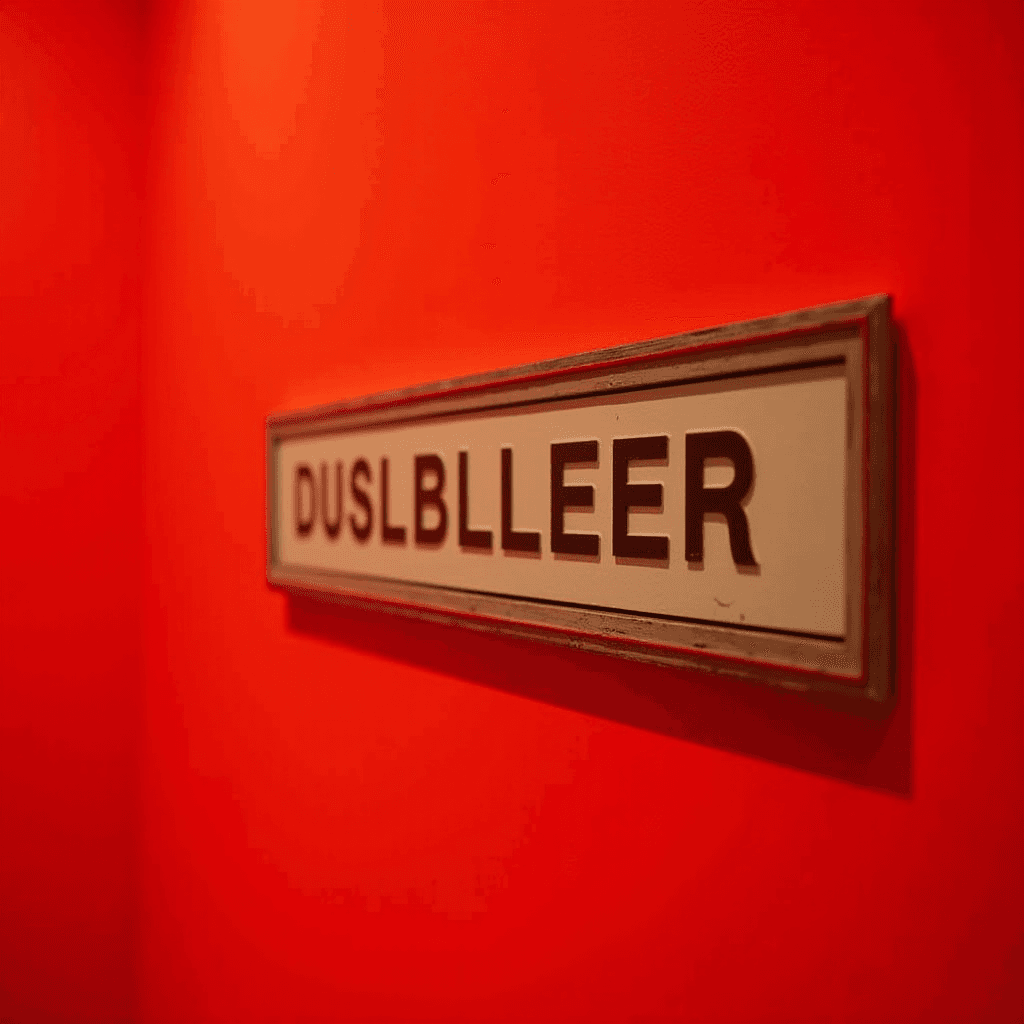 A close-up of a sign with black letters 'DUSLBLLEER' mounted on a vibrant red wall.