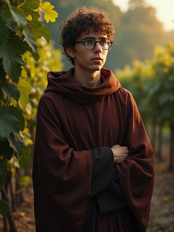 A young timid man wearing round glasses and brown robes stands outdoors in vineyards. He has a worried and pensive expression. The setting features vines and wine, created in a digital oil painting style reminiscent of Alyssa Monks with dynamic chiaroscuro effects.