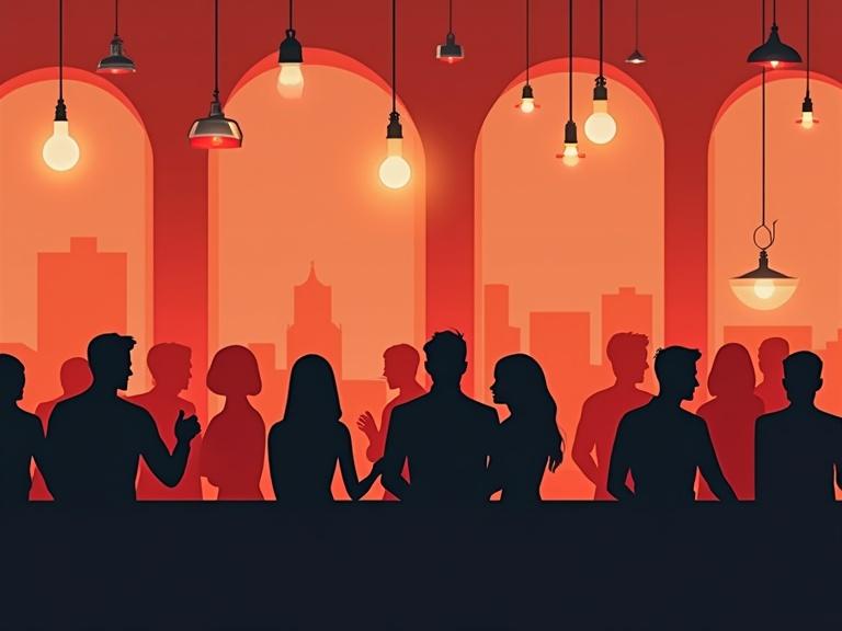 Illustration of a crowded bar with human silhouettes. Dark figures are in a minimalist style. Warm colors create a vibrant atmosphere in a nightlife setting.