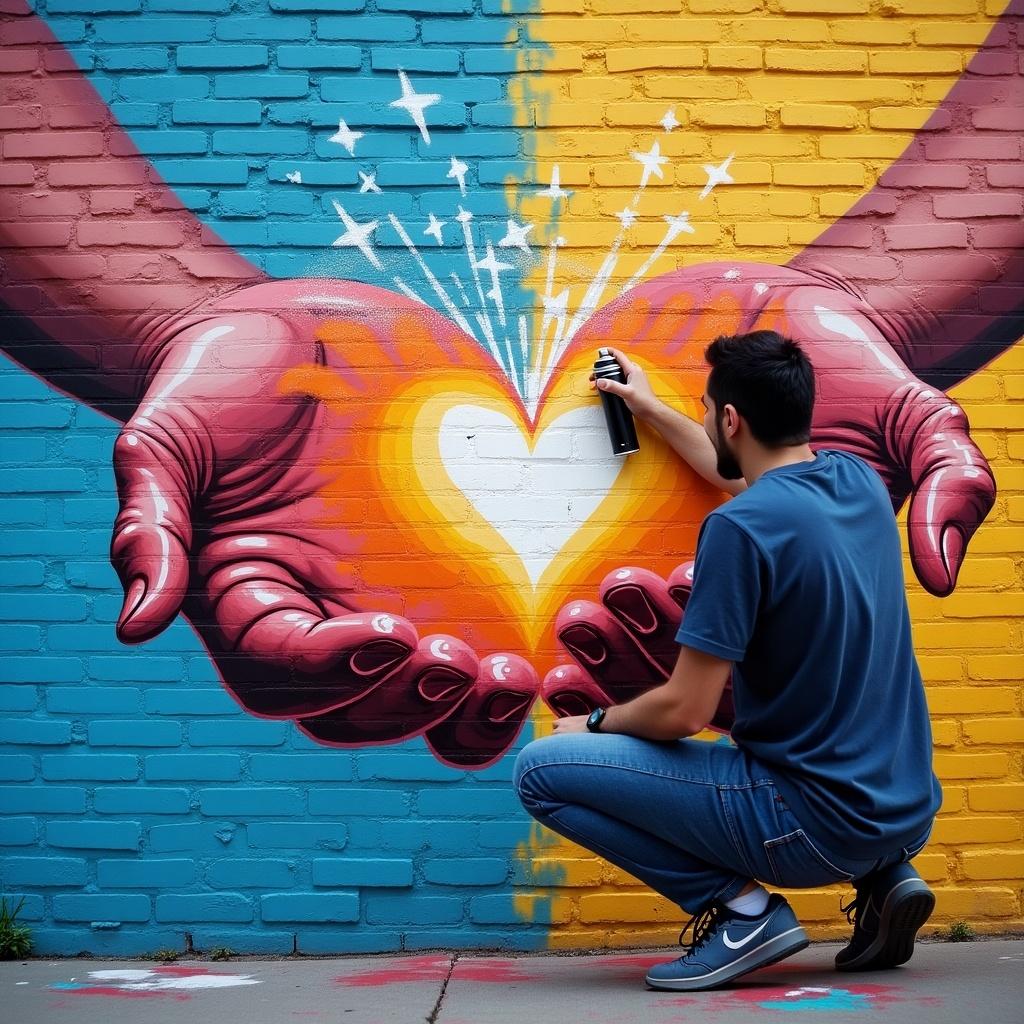 An artist is spray painting a colorful mural on a brick wall. The mural features open hands holding a vibrant heart. The artwork represents change and is rendered in a mix of warm colors like red, orange, and yellow against a cool blue background. The artist is in the process of adding details to the heart with spray paint. The scene captures the passion and creativity involved in mural art, showcasing the artist's dedication to their craft. This moment highlights the intersection of art and community in urban settings.