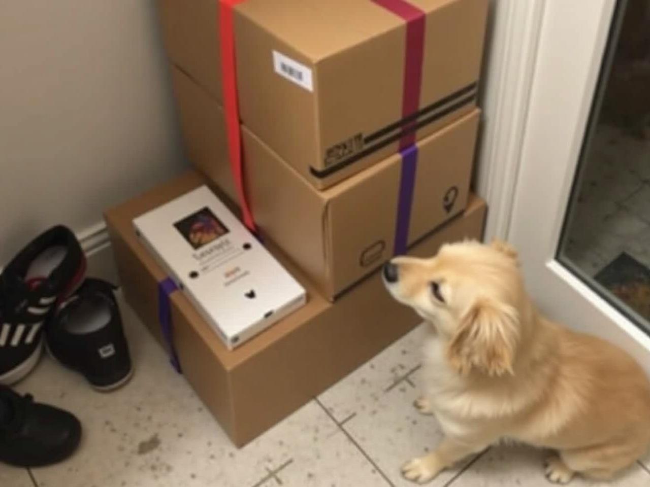 In the image, there are several cardboard boxes stacked together, secured with colored straps. The top box is brown with some stripes and labels visible. Below it is a white box, possibly containing a product, with a partially visible image and text. Next to the boxes is a dog sitting on the floor, looking towards the boxes. The dog's face is blurred out, making it difficult to identify its breed or features. The setting appears to be an indoor area near a door, with a patterned floor and some footwear lying nearby.