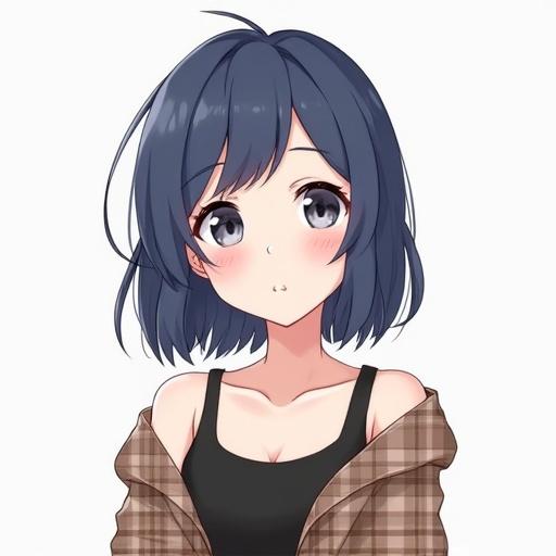 Anime-style illustration of a young woman with shoulder-length deep blue hair. Hair styled loosely with slightly parted bangs. Features gray round eyes and light skin. Subtle pink cheeks and small smile. Dressing in a loose brown and beige checkered shirt over black tank top. Achieves an off-shoulder appearance. Evokes a cute and friendly vibe.