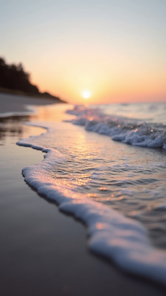 A tranquil scene of a sunset over a calm beach, with gentle waves washing up on the shore, reflecting the vibrant colors of the sky.