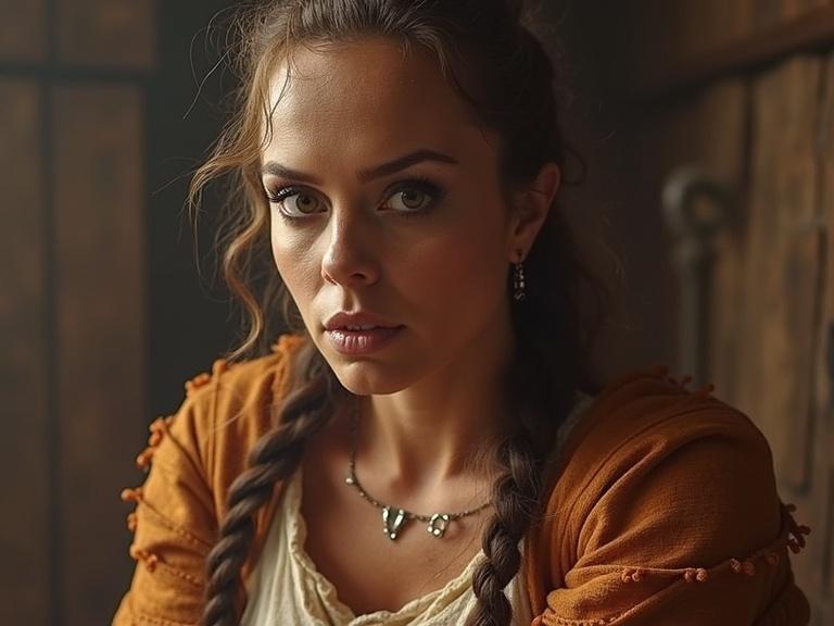 Close-up portrait of a woman in historical costume. She has long braids and an expressive face. Soft warm lighting emphasizes her features.