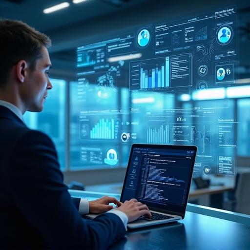 Advanced CRM system visualization featuring a business analyst using floating customer profiles and analytics charts. Clean white-and-blue interface with a polished corporate vibe. Layered UI elements in a softly defocused office.