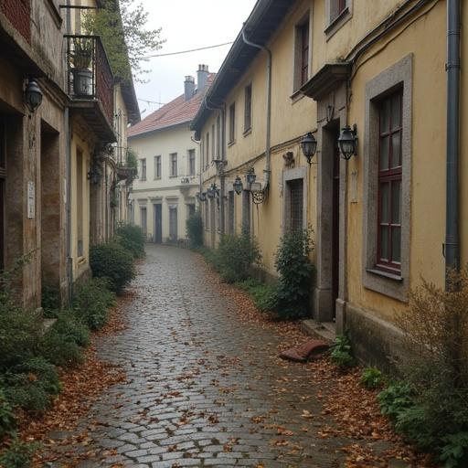 Narrow cobblestone alley surrounded by buildings. Green foliage lining the path. Soft natural light. A peaceful and quiet atmosphere.