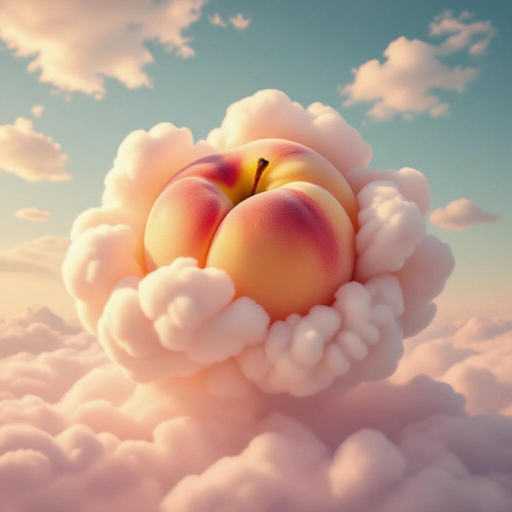 Dreamy surreal peach surrounded by soft clouds. Ethereal appearance with pink-orange gradient. Cotton-like texture giving a vapor effect.