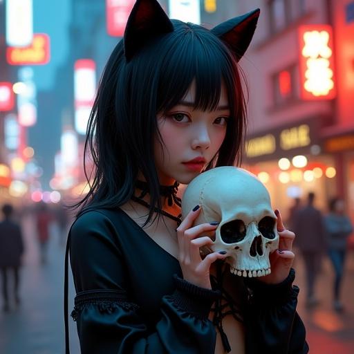 Surreal image of Dotonbori at the end of the world. A young Japanese woman, dressed as a black cat, holds a skull tenderly. A little black cat is hidden in the scene. Logo engraved on the piece. Highly detailed and vibrant.