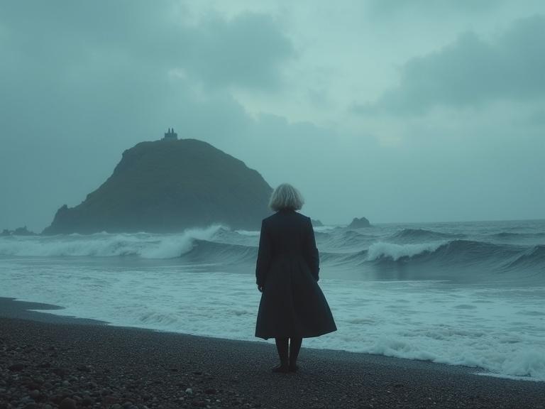 Elderly woman standing alone by stormy North Sea. Mysterious island in the distance. Environment evokes suspense and solitude.