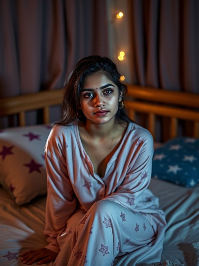 A woman in star-patterned pajamas sits thoughtfully on a bed, illuminated by warm fairy lights.