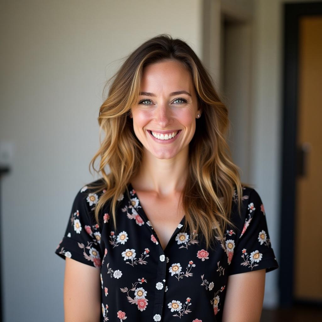 Portrait of a woman wearing a floral shirt in natural light with a soft background. Fashion-focused image with a casual style.