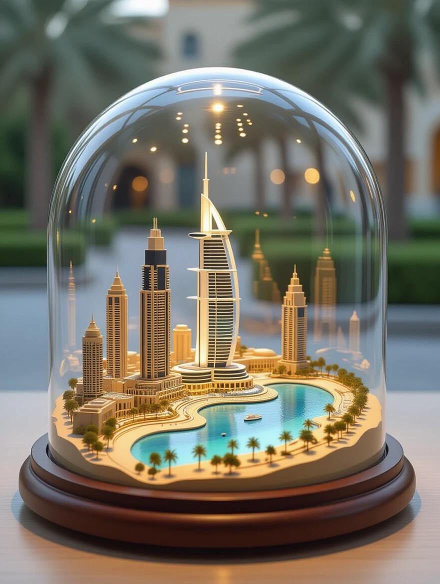 Poster design showcasing Palm Jumeirah as a three-dimensional diorama inside transparent glass dome. Precise lighting highlights minute details of terrain and buildings. Style is Art Diorama Micro-Sculpture.