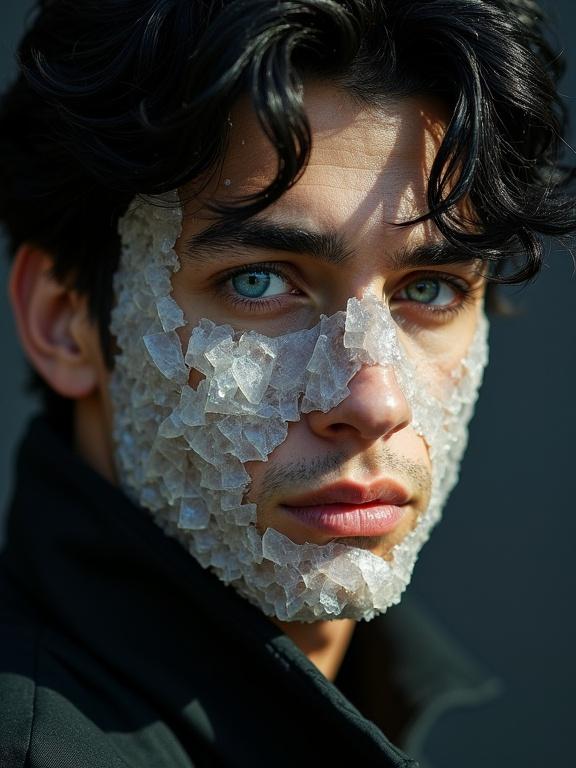 A hyperreal portrait of a young man with unique features. His face is a mosaic of crystalline quartz, catching light in white, grey, and amber tones. The quartz mimics human skin, with smooth facets and sharp edges. He has blue eyes and dark wavy hair. Wearing a dark garment blending into the background, focusing on his features. The lighting is dramatic with strong side light, creating shadows and reflections. The background is dark and blurred.