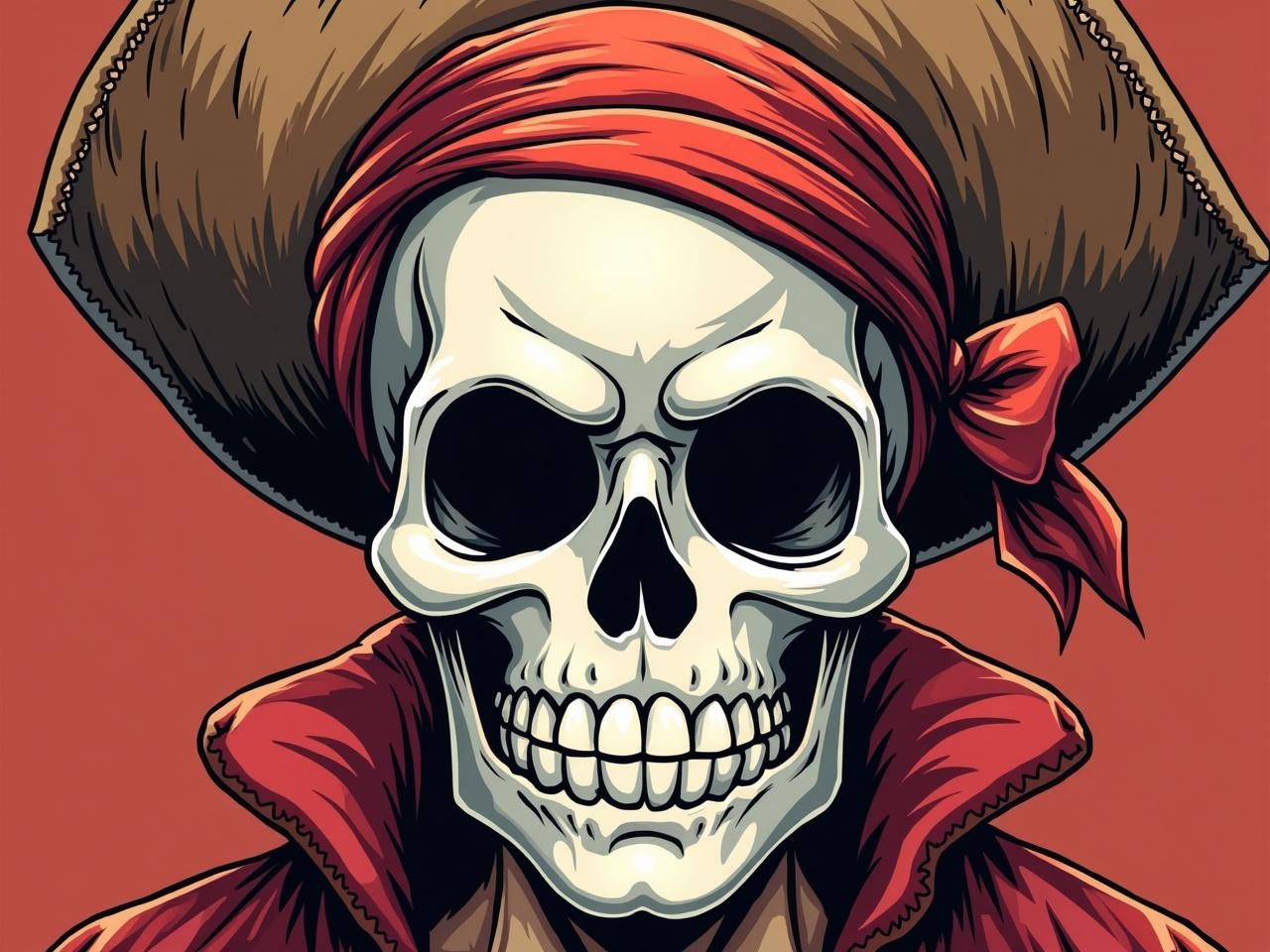 This image depicts a stylized skull dressed as a pirate. The skull has a broad, grinning expression and wears a large hat adorned with a red bandana. The jacket is vibrant red, giving the character a flamboyant look. The background is a simple, solid color to enhance the skull’s details. Overall, it reflects a fun and adventurous pirate theme.