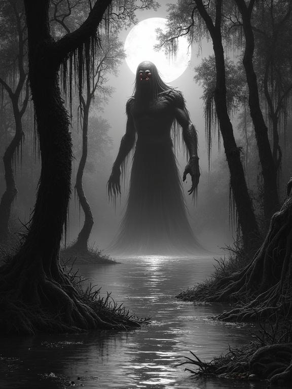 Create a book cover depicting Nyarlathotep emerging from bayou waters under a full moon. Surrounding cypress trees covered in moss. Style should be black and white, high definition inspired by Frank Frazetta.