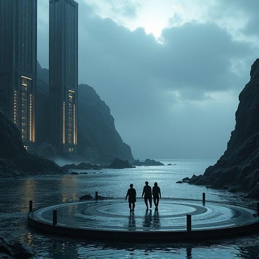 Dramatic futuristic coastal environment during twilight. Towering geometric structures rise from rocky cliffs. Surfaces glistening with rain. Buildings adorned with luminous details. Figures in dark attire walking on a circular platform. Overcast sky with heavy clouds. Moody ambiance heightens mystery. Deep blues blacks and warm light create contrast.
