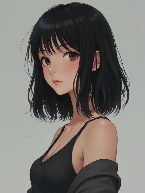 Young Japanese woman with semi-long black hair. Realistic and photorealistic illustration. High-resolution image showcasing facial features and expression.