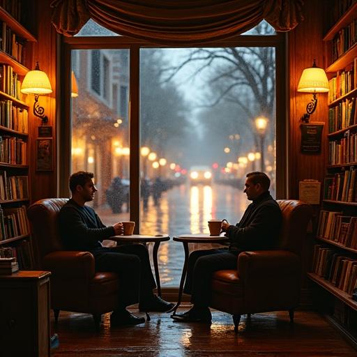 Cozy bookstore cafe on rainy evening. Warmly lit atmosphere. Vintage lamps illuminating books. Patrons reading in armchairs. Steam rising from coffee. Large window shows glistening wet street. Contrast between warm interior and cool exterior.