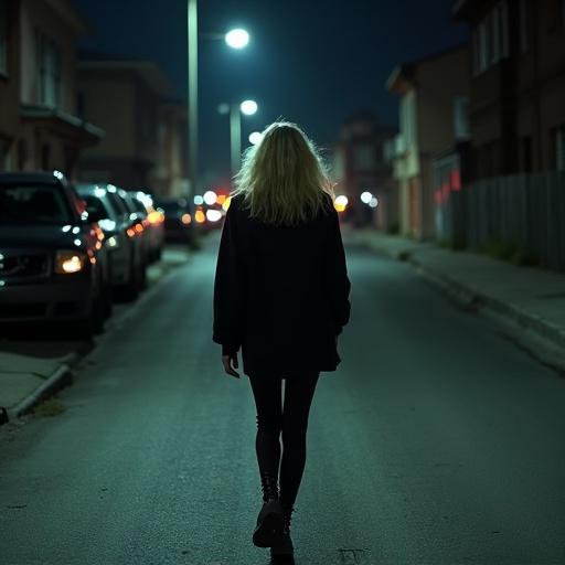 Blonde woman walks alone at night in urban neighborhood. Dark streets illuminated by street lights. The scene captures a sense of solitude and fashion. Subject wears oversized clothing. Surrounding vehicles line the street. Background showcases soft city lights.