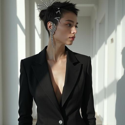 A deconstructed suit ensemble is worn with micro-bangs. Silver ear sculptures give an abstract look. Sharp shadows are created by architectural designs.