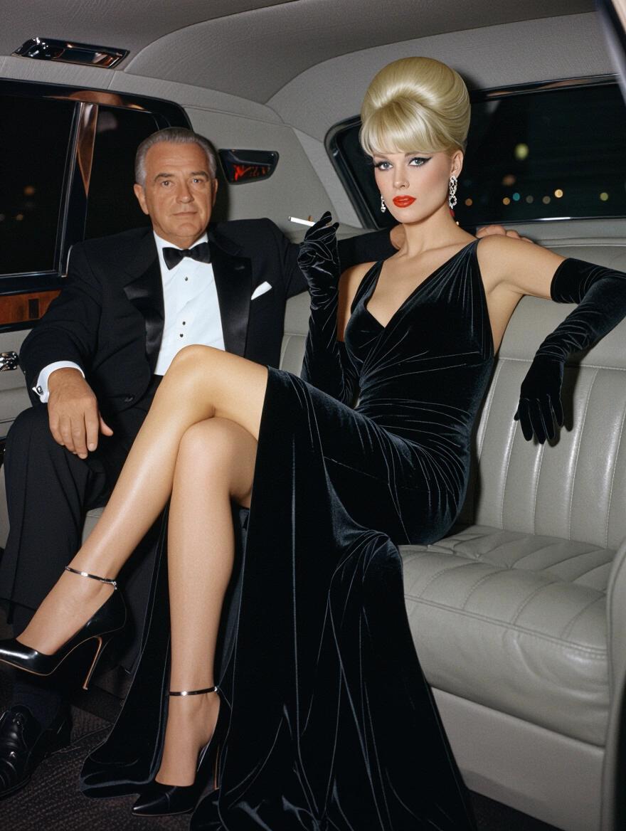 1960s woman with updo platinum blonde hair wearing a long black evening gown with high heels holding a cigarette while sitting in the back seat of a limo next to an older man in a suit.